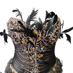 Quinceanera Collection Ball Gown Dress Champagne Black Feather Rhinestone Corset
